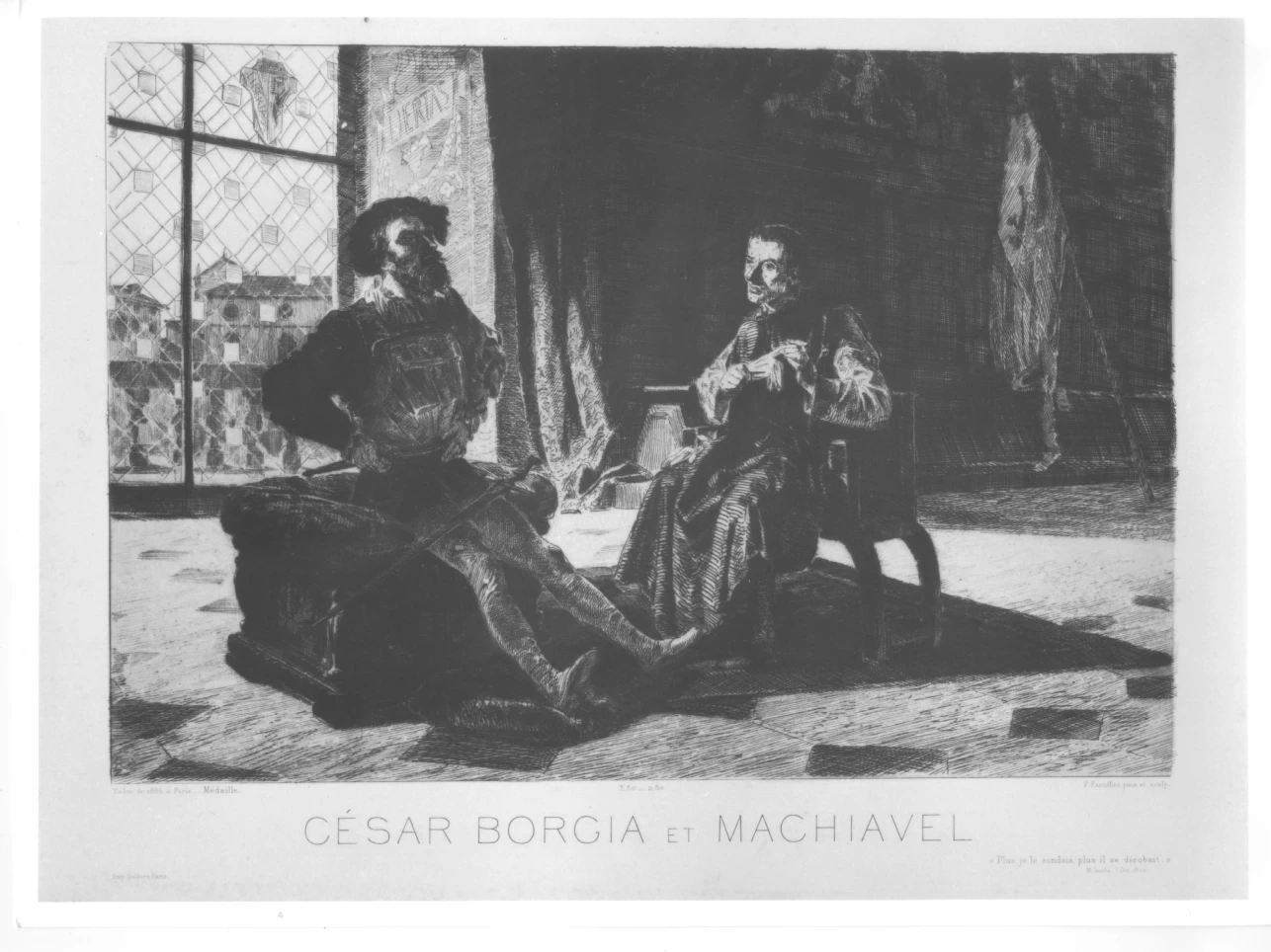 Cesare Borgia e Niccolò Machiavelli in un interno